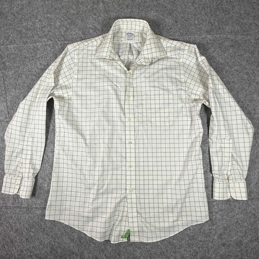 Brooks Brothers Dress Shirt Mens 16-33 White Navy Regent Fit Windowpane Non-Iron